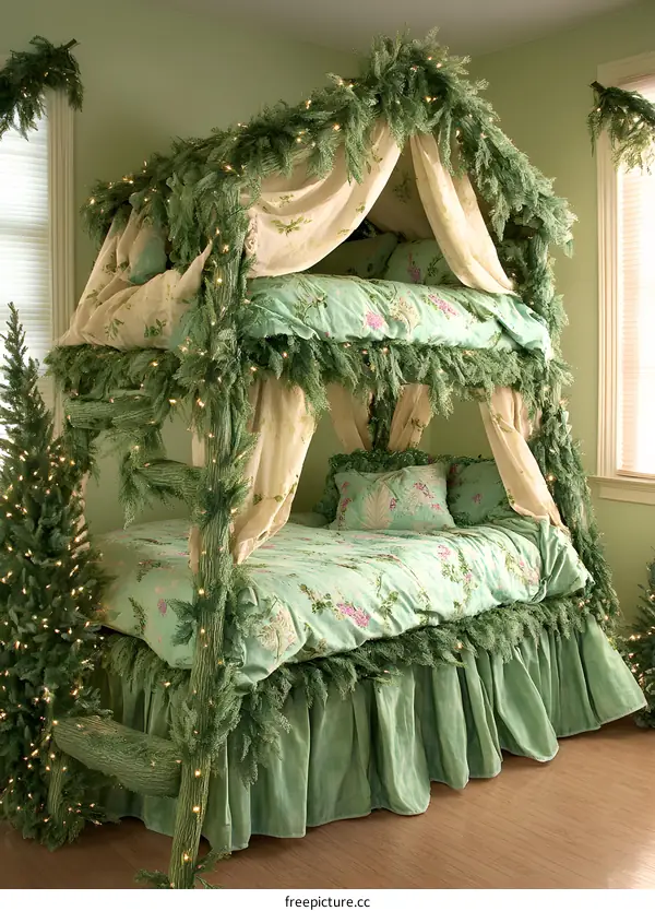 Green Christmas Tree Decorated Bunk Bed in Bedroom