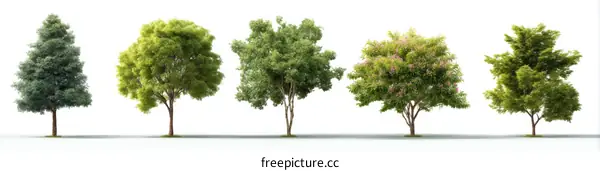 Collection of Diverse Trees Against White Background