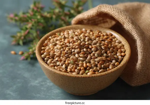 Close-up of Hemp Seeds in a Bowl on a Dark Blue Surface