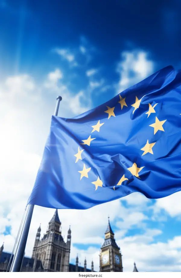 Blue and gold EU flag waving in front of the Houses of Parliament in London