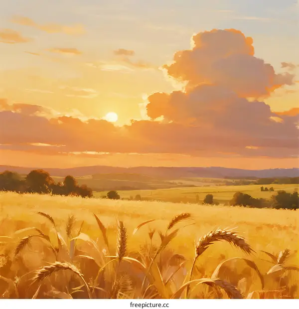 Golden Wheat Field Under Dramatic Clouds at Sunset