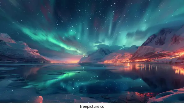 Aurora borealis landscape with mountains and water reflection