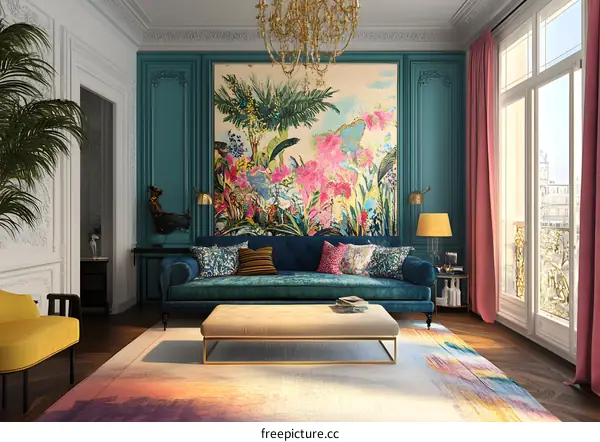 Living Room Interior Design with Teal Walls and Tropical Art