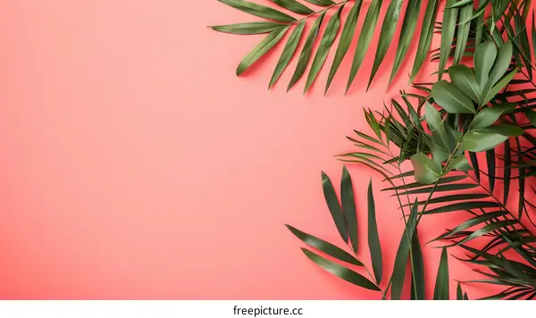 Tropical Green Leaves on Pink Background