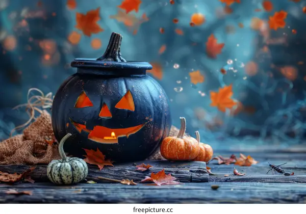 Spooky Halloween Pumpkin with Autumn Leaves