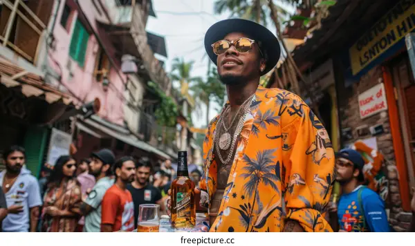 The image shows a man wearing a hat and sunglasses, with a bottle of beer in his hand. He is standing in a street with people in the background.