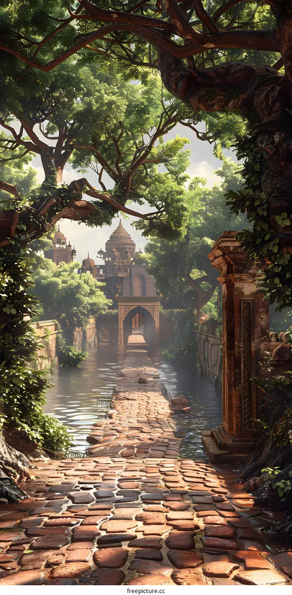 fantasy castle overgrown by jungle plants and vines