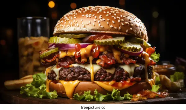 Close-up of a delicious cheeseburger with bacon and pickles