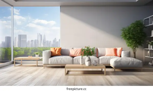 A bright and airy living room with a large window and a city view
