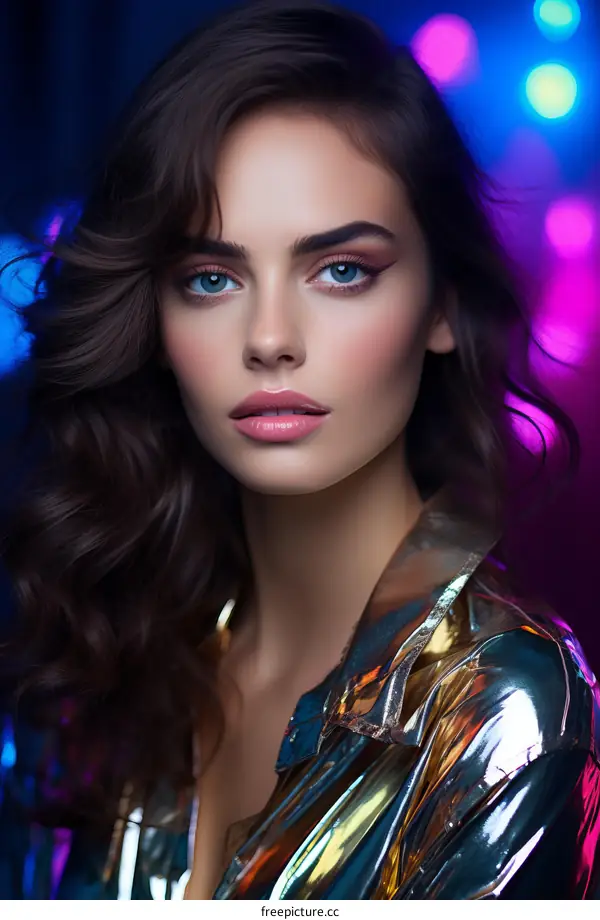 Portrait of a young woman with brown hair and blue eyes wearing a shiny silver jacket