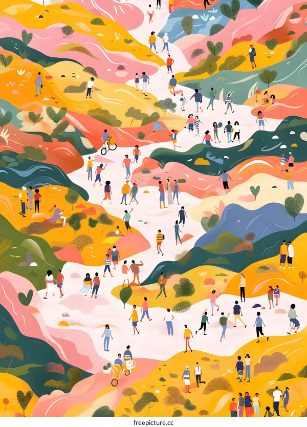 Colorful Illustration of People Walking Through a Landscape
