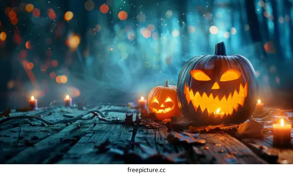 Glowing Halloween Pumpkins in the Dark Forest