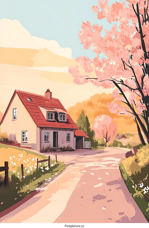 Countryside Cottage Landscape With Pink Cherry Blossoms