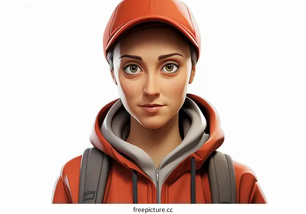 Young Woman in Orange Cap, Gray Hoodie and Backpack