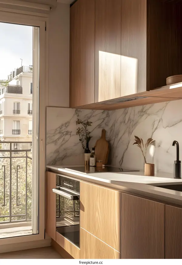 Modern Kitchen with Wooden Cabinets and Marble Backsplash