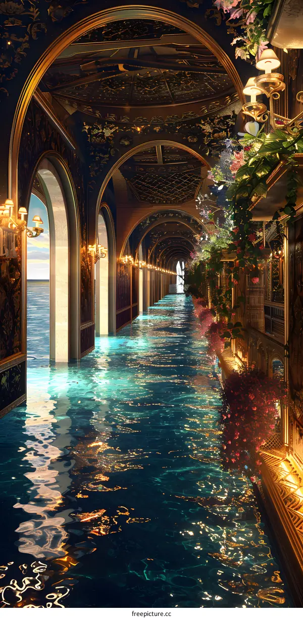 Golden Hallway With Water And Flowers