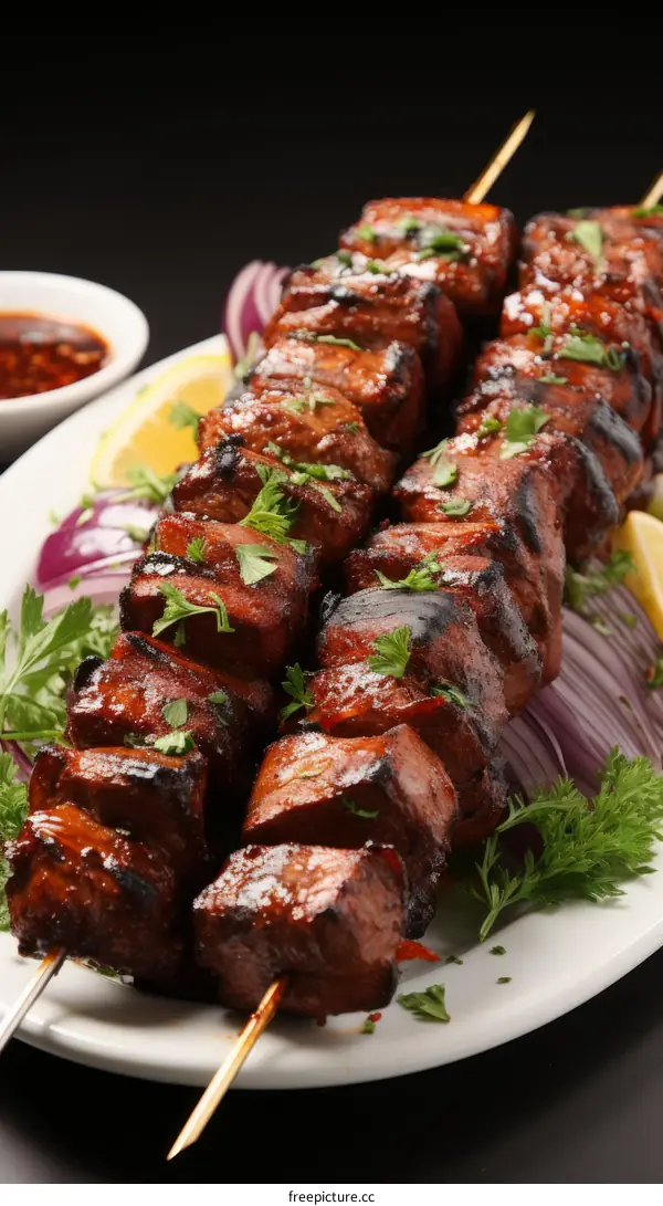Grilled Beef Shish Kebab with Red Onion and Lemon