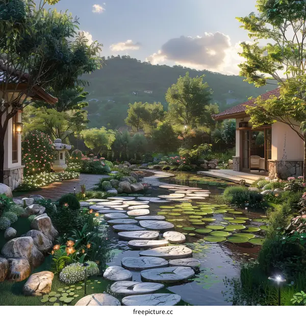 Tranquil Garden Pathway with Water Feature