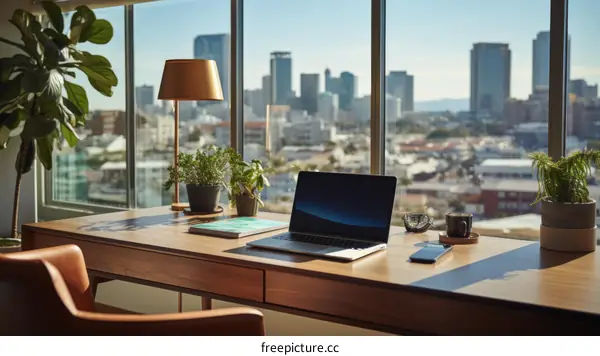 Desk with a laptop and a view of the city