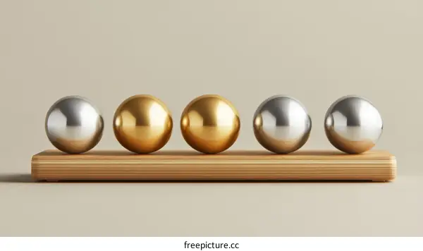 Abstract Geometric Metallic Balls on Wooden Base