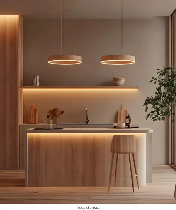 Modern Kitchen Interior Design With Wooden Bar Stool and Pendant Lights