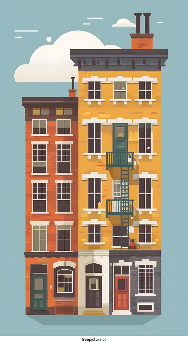 Illustrated Cityscape with Colorful Buildings and a Fire Escape
