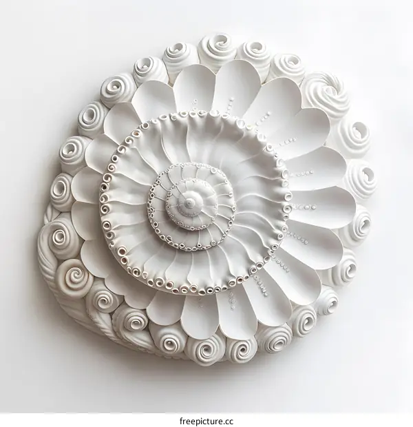 A 3D rendering of a white seashell made of porcelain against a white background.