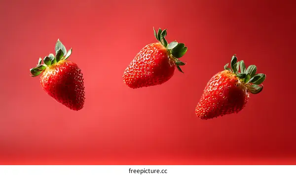 Three Strawberries in Mid-Air Against a Red Background