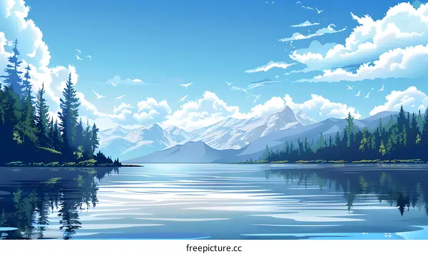 Peaceful Mountain Lake Landscape Illustration