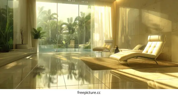 Bright and Airy Living Room with Modern Furniture and Tropical View