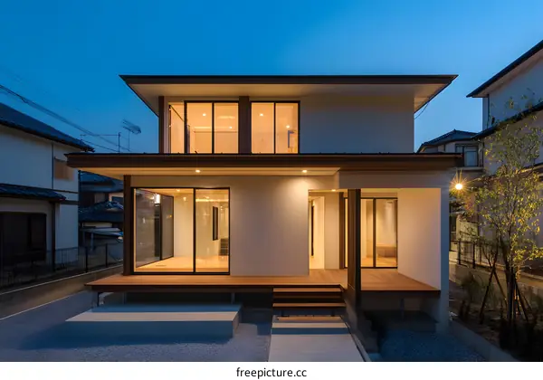 Modern Japanese House Exterior Design With Wooden Deck At Dusk
