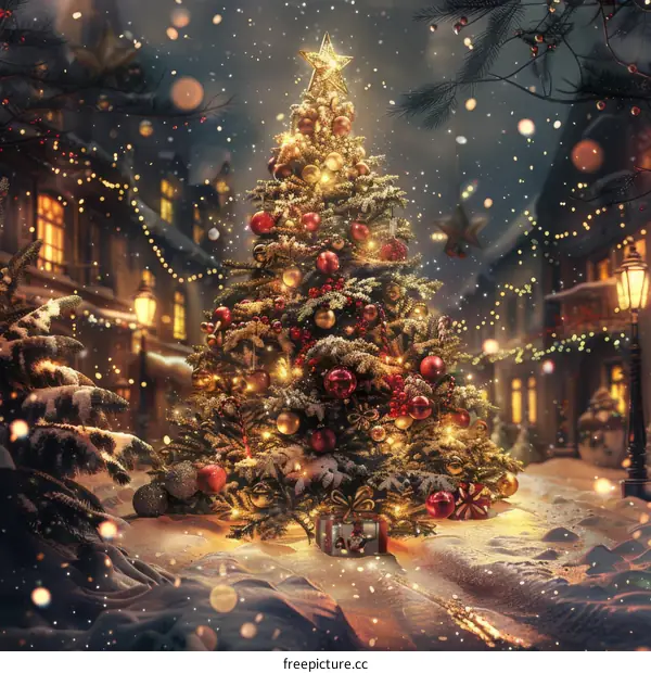 Christmas Night City Street With Holiday Decoration