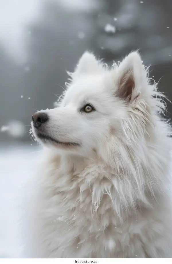 Samoyed Dog Gazing Up at the Snow