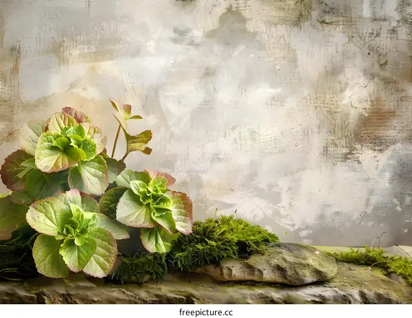 Green Leaves and Moss on Stone Wall Background