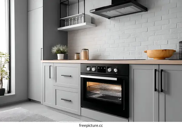 Modern Gray Kitchen with Built-in Oven and Brick Backsplash
