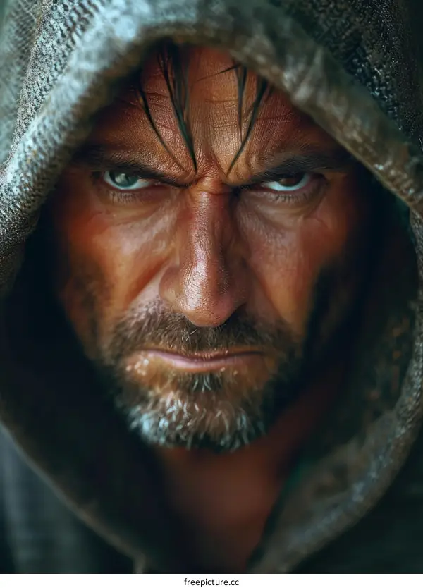 Closeup Portrait of a Serious Man in a Hood