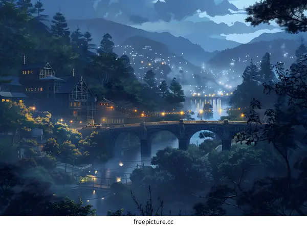 Nighttime Scene with a Bridge and a Waterfall