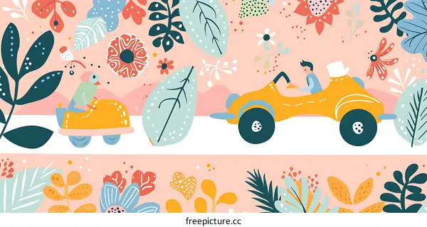 Cute Cartoon Illustration of A Man and A Bird Driving in A Car in A Floral Background