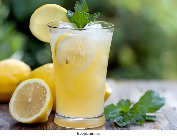 Glass of Lemonade with Lemon Slices and Mint Leaves
