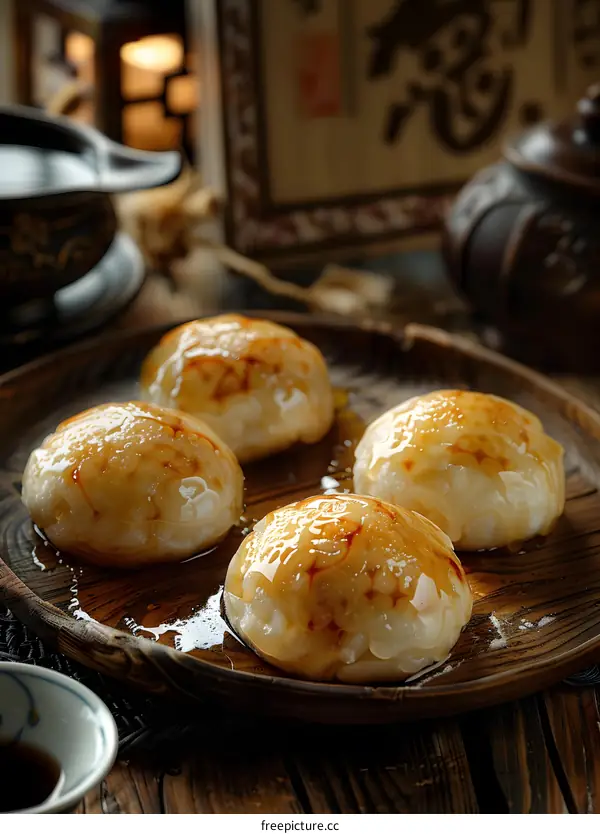 Close Up of Sweet Mochi Dessert with Caramel Sauce on Wooden Plate