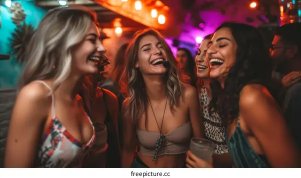 Four beautiful women laughing and having fun at a party