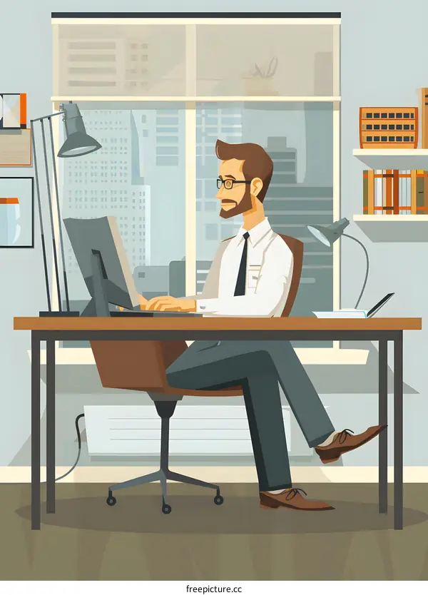 Businessman Working at a Computer in His Office