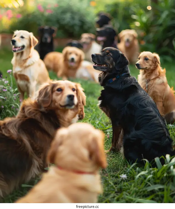 Golden Retriever and Black Dog Sitting on Grass