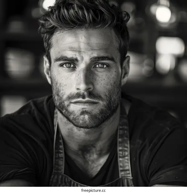 Black and white portrait of a handsome male model with dark hair and light eyes