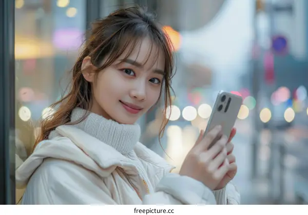 A young woman smiles while looking at her phone in the city.