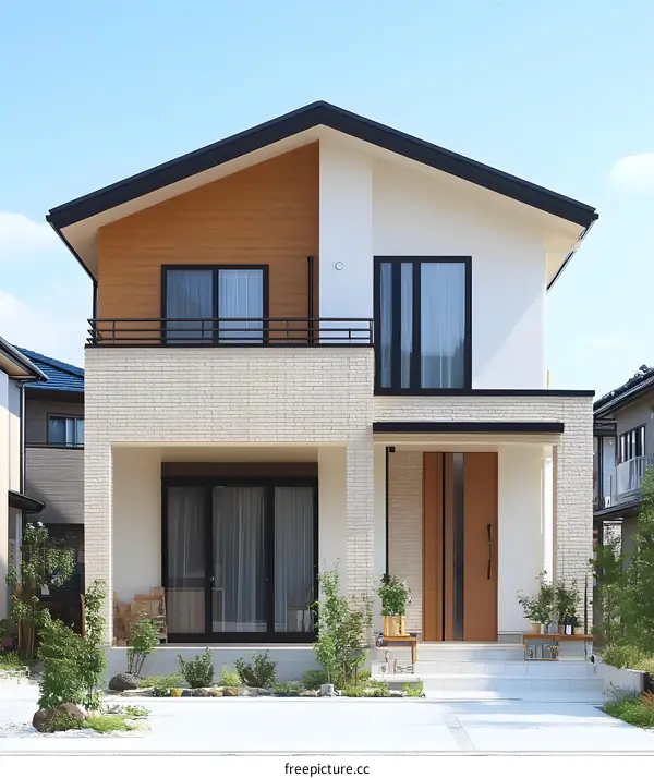 Modern Brick House with Black Trim and Brown Wooden Door
