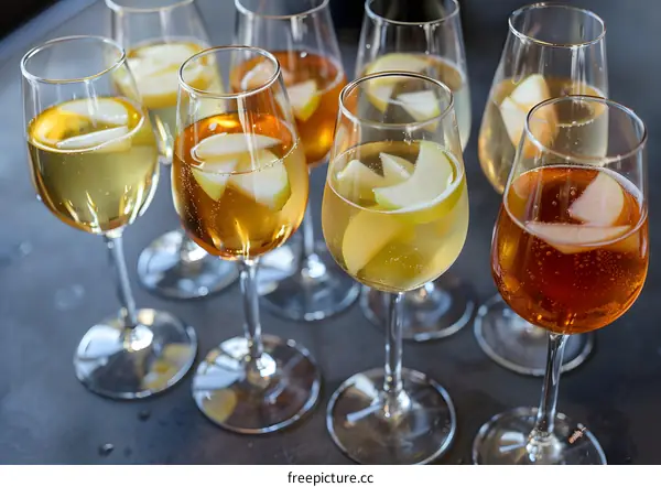 Apple Cider Cocktail Drinks In Wine Glasses On A Gray Background