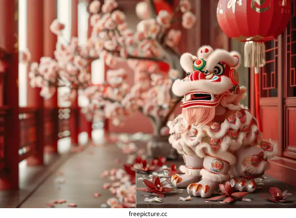 Chinese Lion Statue with Cherry Blossoms for Chinese New Year
