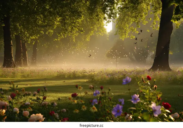 A beautiful park with a lot of flowers and trees