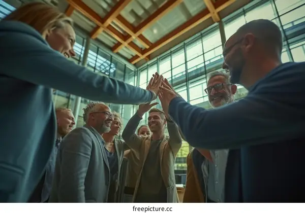 A group of business professionals in a modern office space celebrating their success with a high five.